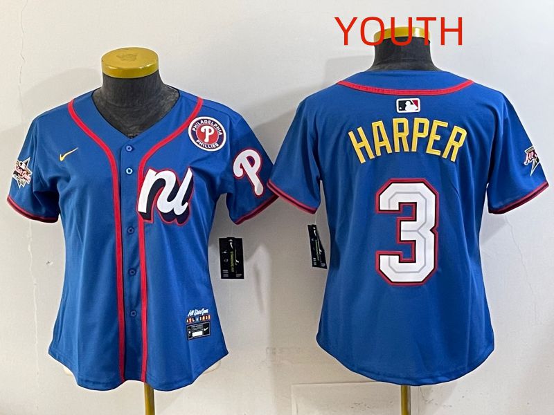 Youth 2025 Philadelphia Phillies 3 Harper Blue All star Nike MLB Jersey style 01